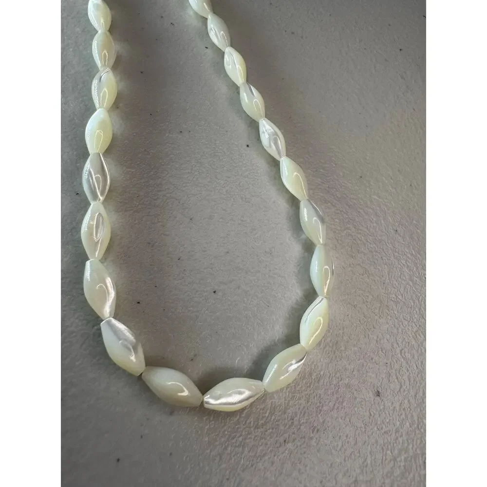 Vintage Mother of Pearl Shell Beaded Necklace Marquise Gold Tone Clasp
